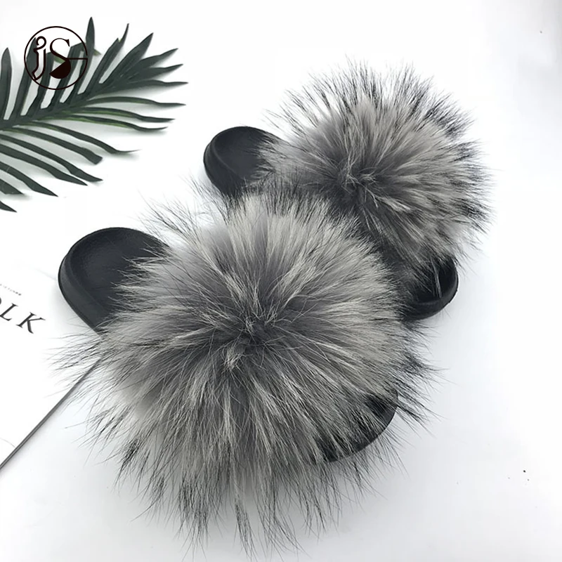 

2021 Fashion Wholesale price real Raccoon furry slippers Plush outdoor soft women slippers Raccoon fur slides for ladies, Picture