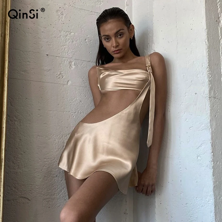 

QINSI Comfortable Travel And Beach Outfit 2022 New Elegant Two-piece Corset + One-Shoulder Hollow Sling Mini Womans Dress