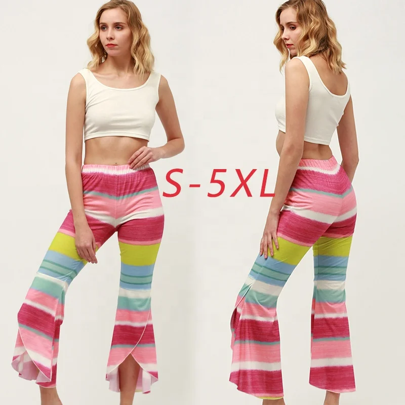 

2021 summer new design knitted striped printing asymmetric Ninth pants open navel short sleeve top women's home two-piece set, Customized colors