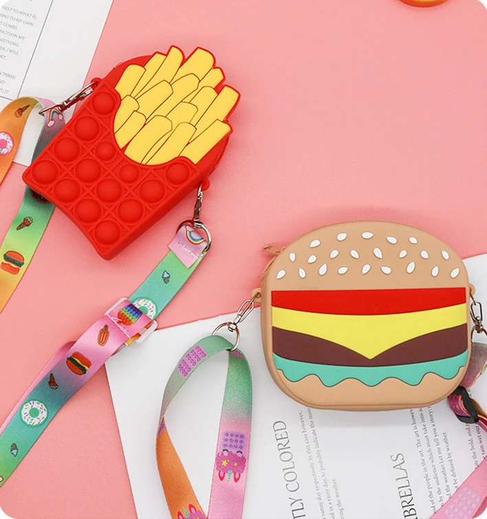 

2022 Hot Selling Children Kids Fidget toy Cross Body Shoulder Bag Handbags kids cute hamburger mini Silicon Pop It Coin Purses, 2 colors