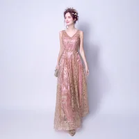 

Factory supply elegant V-neck rose gold lace evening dress beautiful strap women gown dress