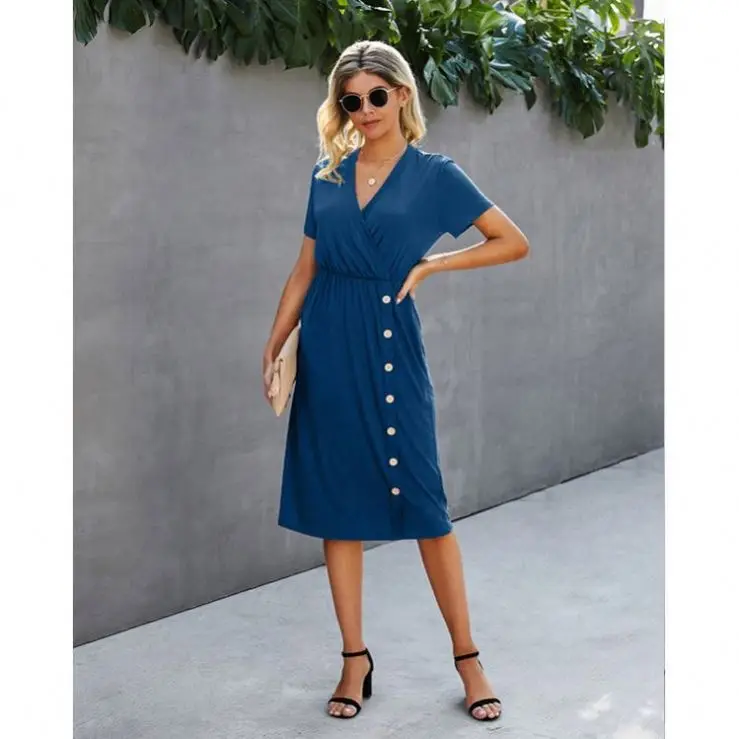

FORLADIES Robe Femme Short Sleeve V Neck Button Formal Women Casual Dress 2021 Summer Dresses