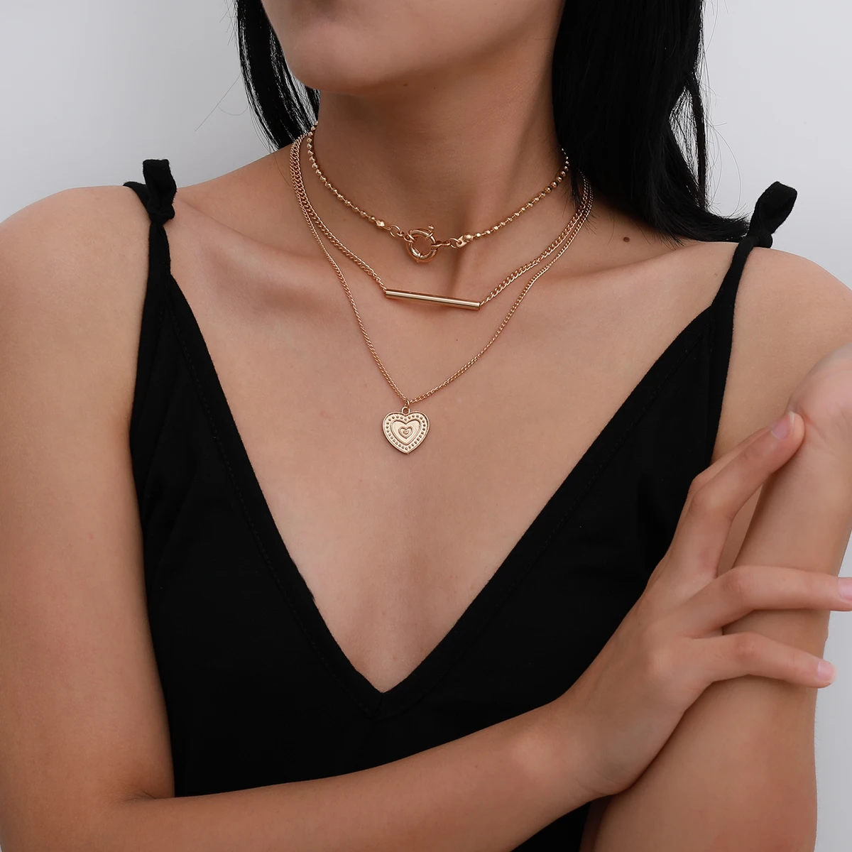 

SHIXIN Layered Chain Gold Filled Heart Necklace Beaded Chain Initial Choker Lariat Necklaces for Women Mens Couple Jewelry