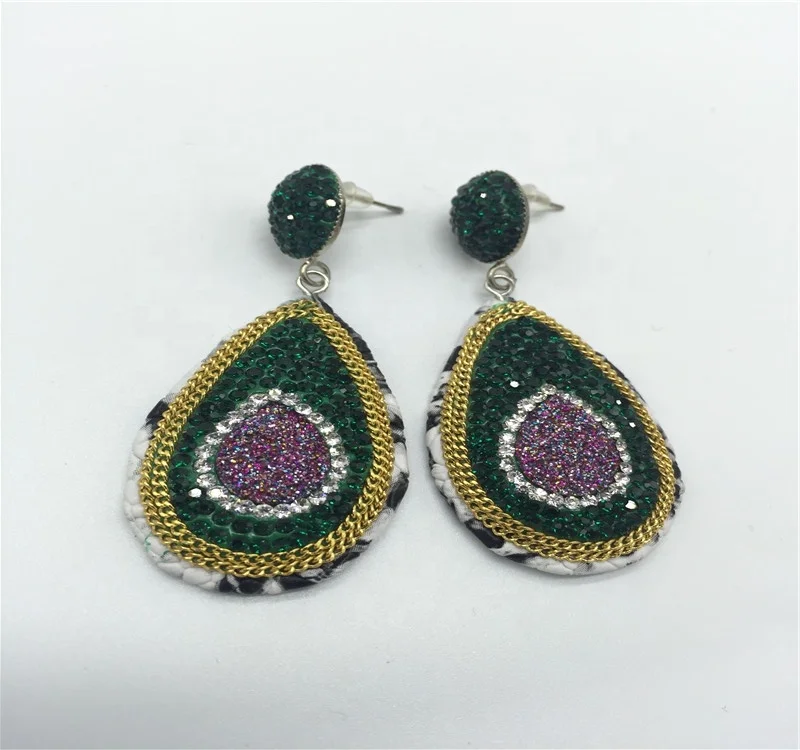 

Factory wholesale oval shape boho ohrringe leather pave rhinestone woman ear ring earring, Pink blue gray green