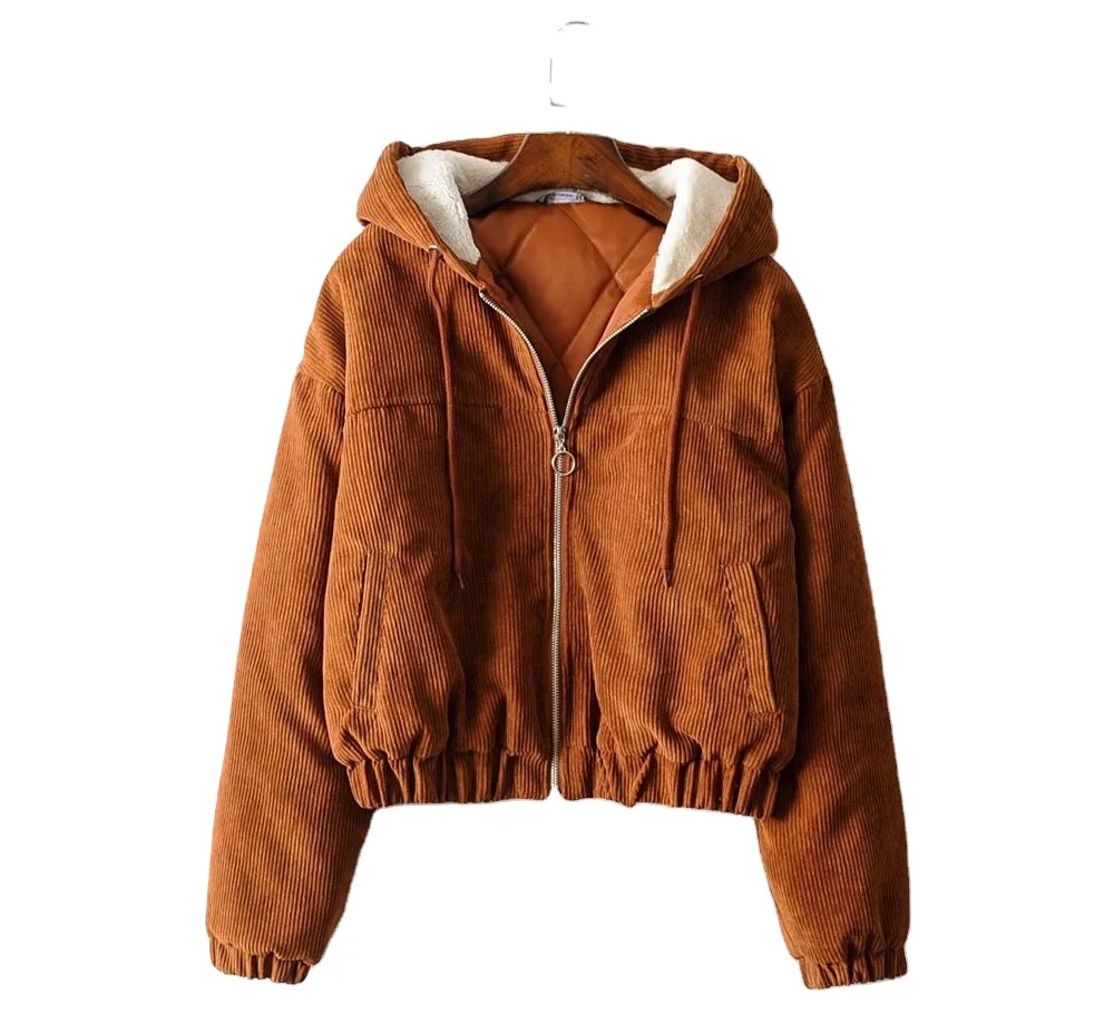 

Trench design brown color fashion corduroy hoodie winter coat women padded jackets