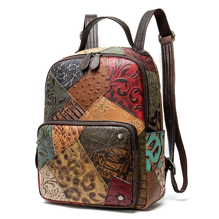 

Luxury splice pattern women genuine leather backpack cowhide bag for ladies, Multi-color