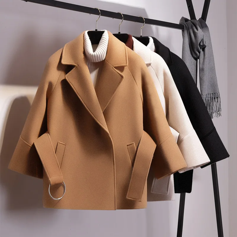 

Women Short Woolen Coat Belt Jacket Female Autumn And Winter Cloak Coats, 3 colors