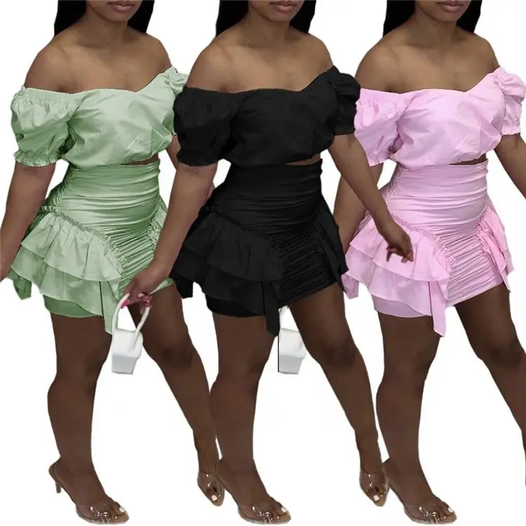 

L016-summer new arrivals 2021 ruffle crop top with short pants two piece set women