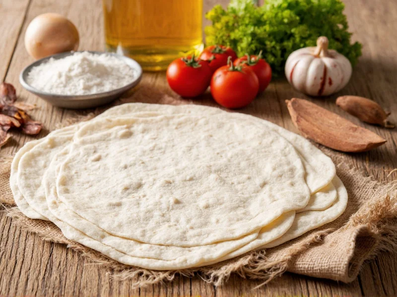 Homemade flour tortilla ingredients on wooden table