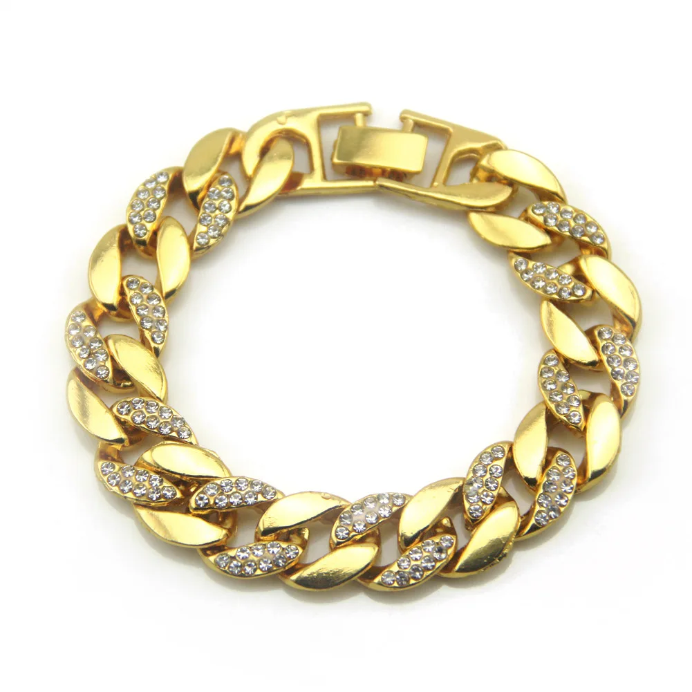 

Amazon Hot Sale fashion rhinestone Hip Hop Jewelry 18K Gold Men's Full Diamond Cuban Chain Bracelets & bangles accessories, Gold ,silver