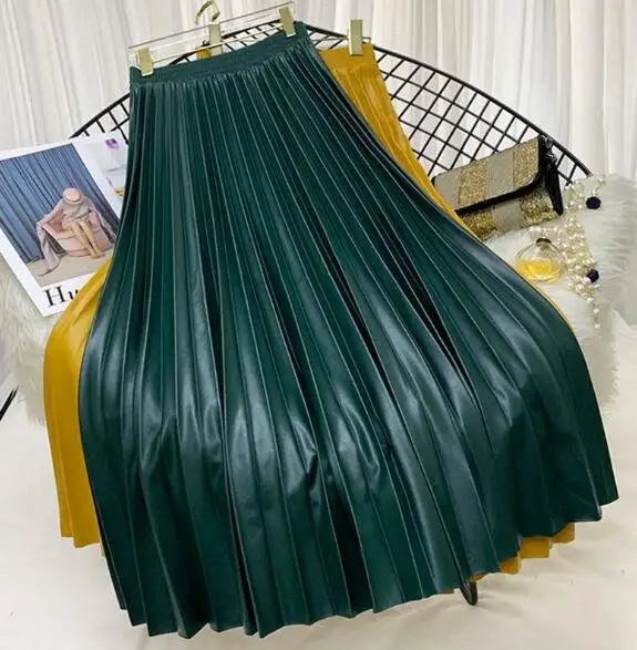 

ecowalson High Waist Pleated Pu Faux Leather Skirt Women Autumn Winter Elegant Midi Long Skirts Female Leather Skirts, As shown