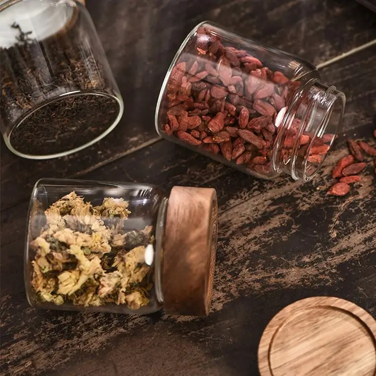 

Round Recycled Glass Jars Heat-Resistant Wide Mouth Glass Jar With Acacia Wooden Lid, Clear