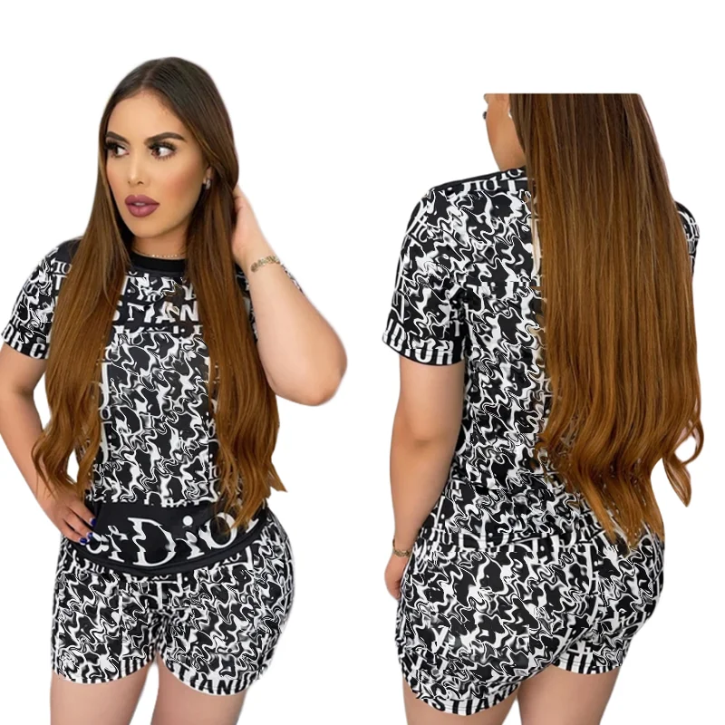 

Designer Clothes Famous Brands Women Printed T Shirt Designer Outfits neon Streetwear short pants two piece