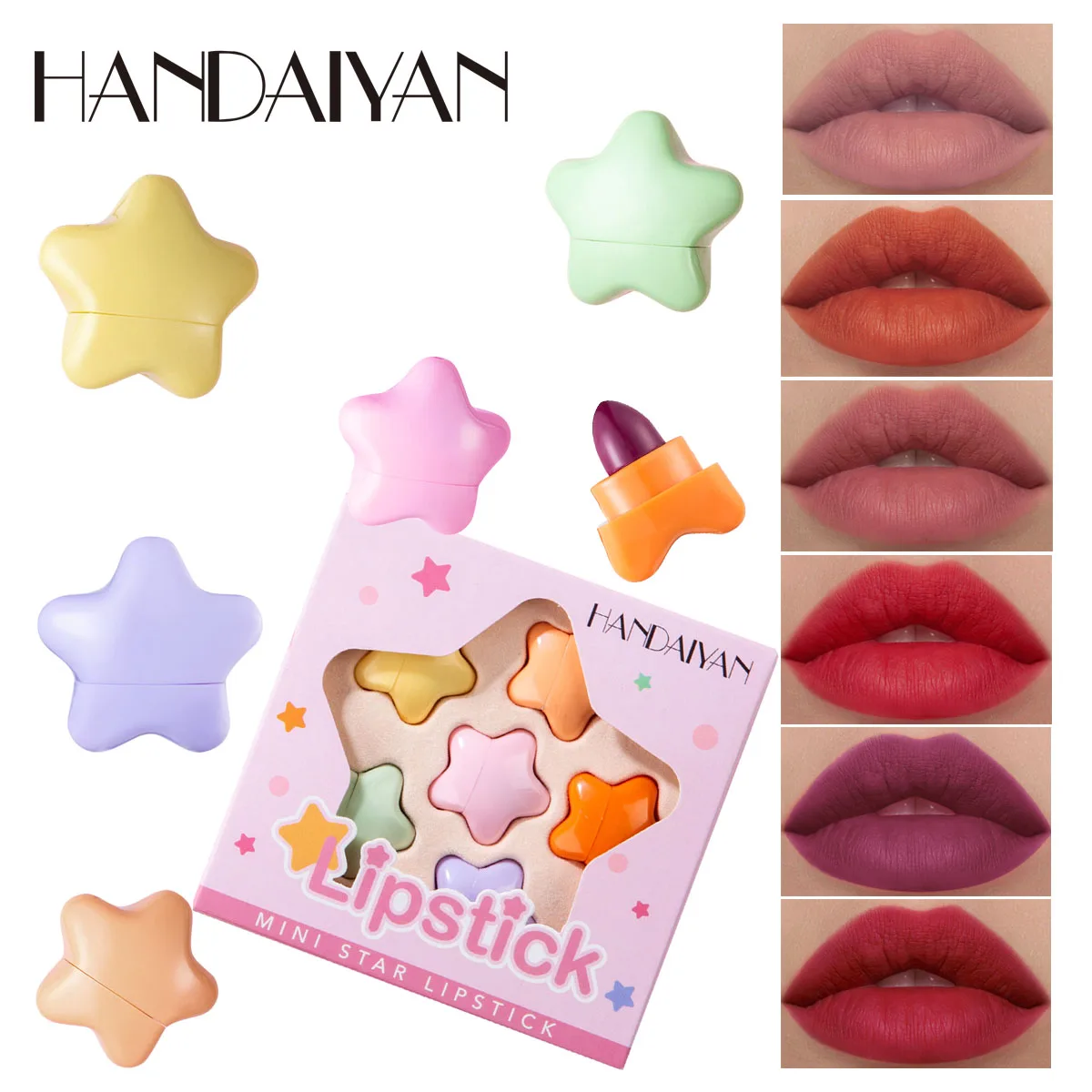 

HANDAIYAN 6 IN 1 Mini Star Velvet Soft Mist Lipstick Lady Girl Novelty Gifts Irregular Lip Stick, 6 multi-colors