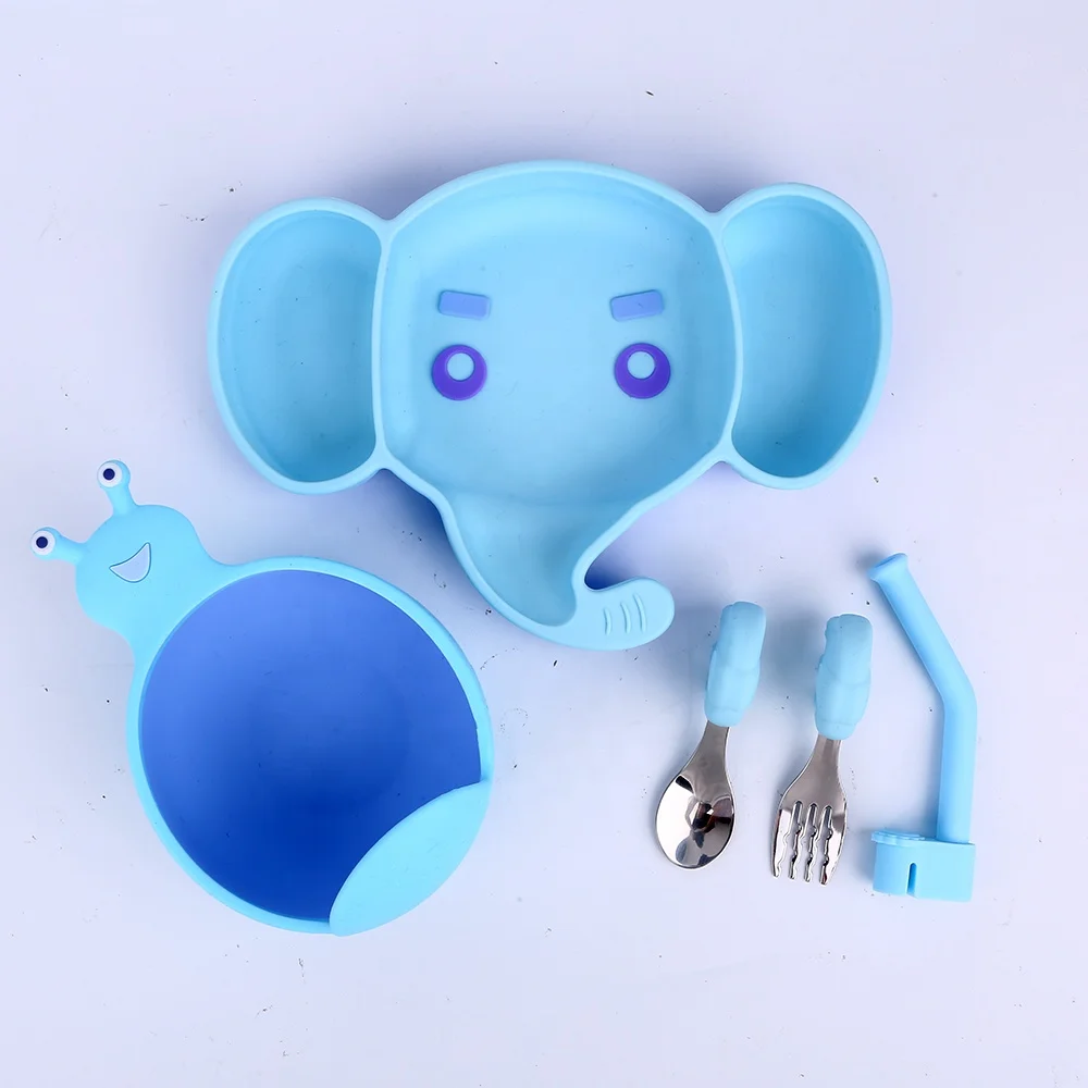 

Baby Feeding Tableware Silicone Set For Kid Silicone Plate+spoon & Fork+bowl+straw