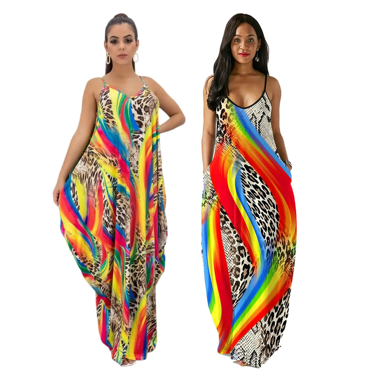 

10413-MX74 sehe fashion loose suspender long dresses women leopard print