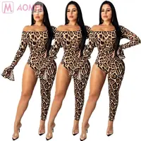 

P2072 2019 fashion off shoulder one leg leopard Womens Sexy Jumpsuit And Rompers