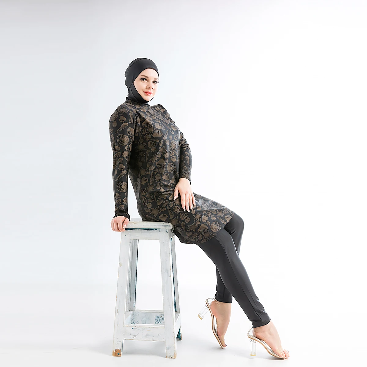 

MOTIVE FORCE New Selling 3pcs Bronzing Pringting Islamic Swimsuit Black Veilkini Long Sleeve Swimsuit