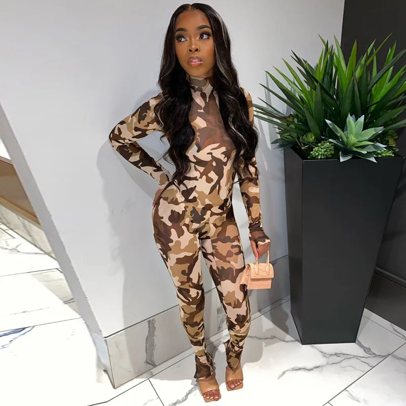 

Fall Camouflage print Zippers long sleeve bodycon women jumpsuits and rompers, As picture or customized color