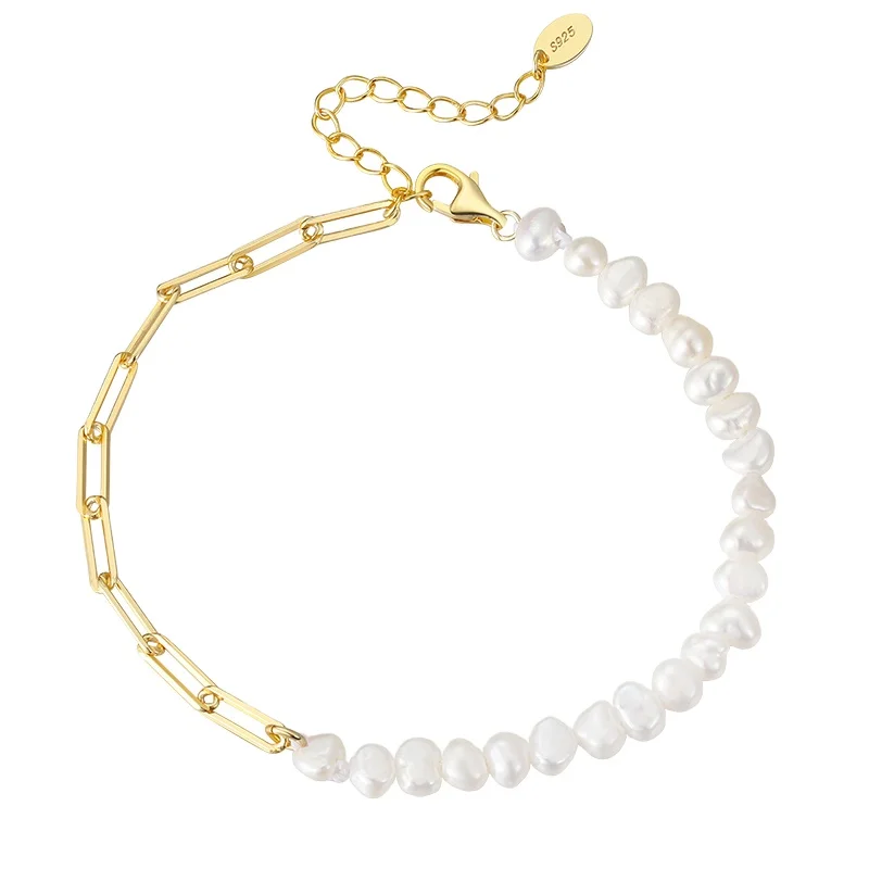 RINNTIN GPB01 Charm Jewelry Valentines Day Birthday Gifts Lady Cuban Link 925 Sterling Silver Baroque Pearl Bracelets