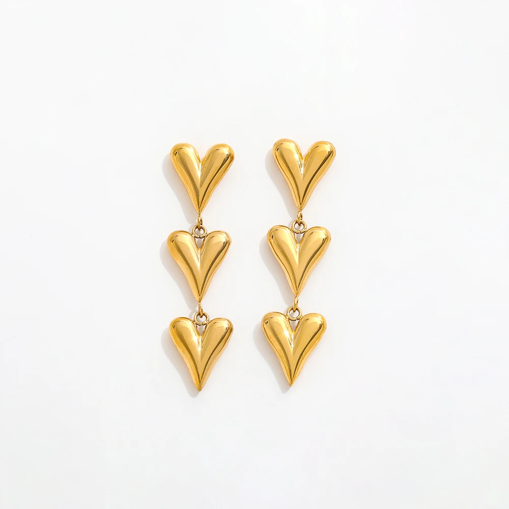 High End PVD 18K Gold Plated Waterproof 3 Triple Heart Dangle  Earring Stainless Steel Fashion Jewelry Wholesale