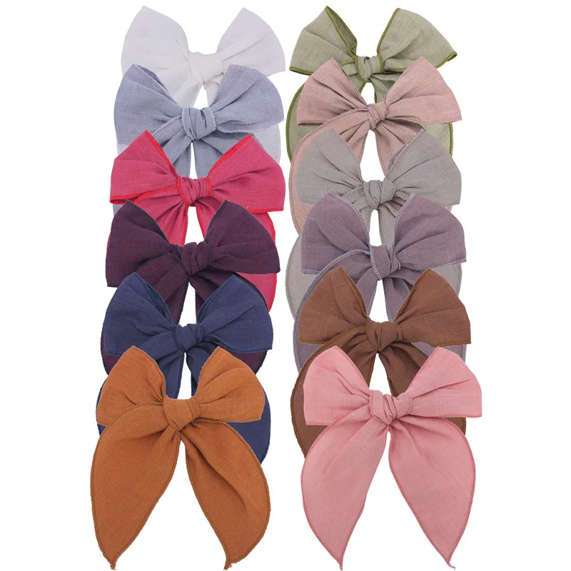 

Girls Large Hair Cotton Linen Blue Ribbon Bows With Clips For Children