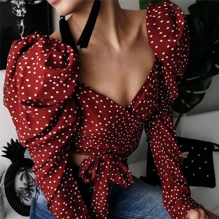 

Vintage Polka Dot Women Puff Long Sleeve Wrap Top 2021 Lace Up Red Sexy Backless Chic Female Shirts, As pic