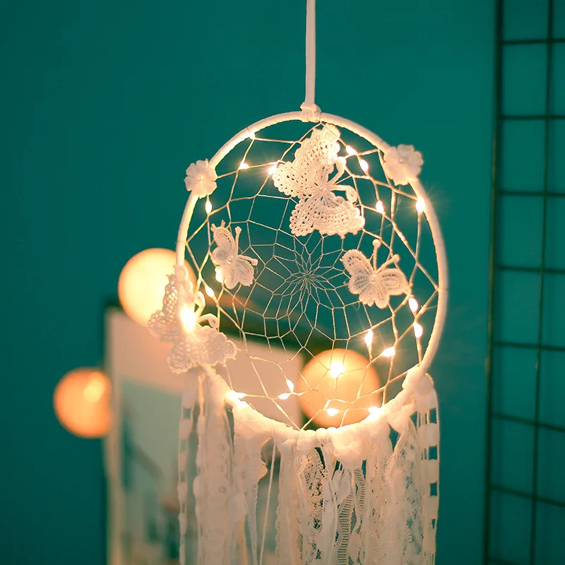 白色蝴蝶梦想捕手与灯家庭花园装饰工艺品风铃吊坠装饰品 (dc030)