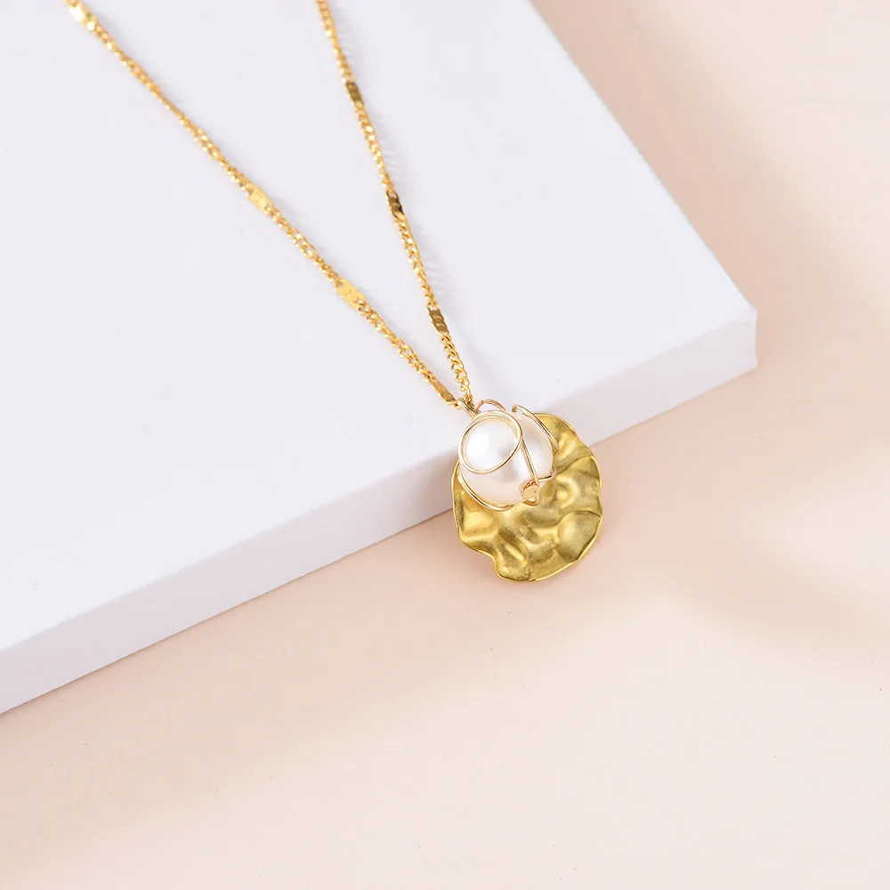 

Fashion vintage stainless steel jewelry gold plated scallop shell oyster women pearl pendant necklace