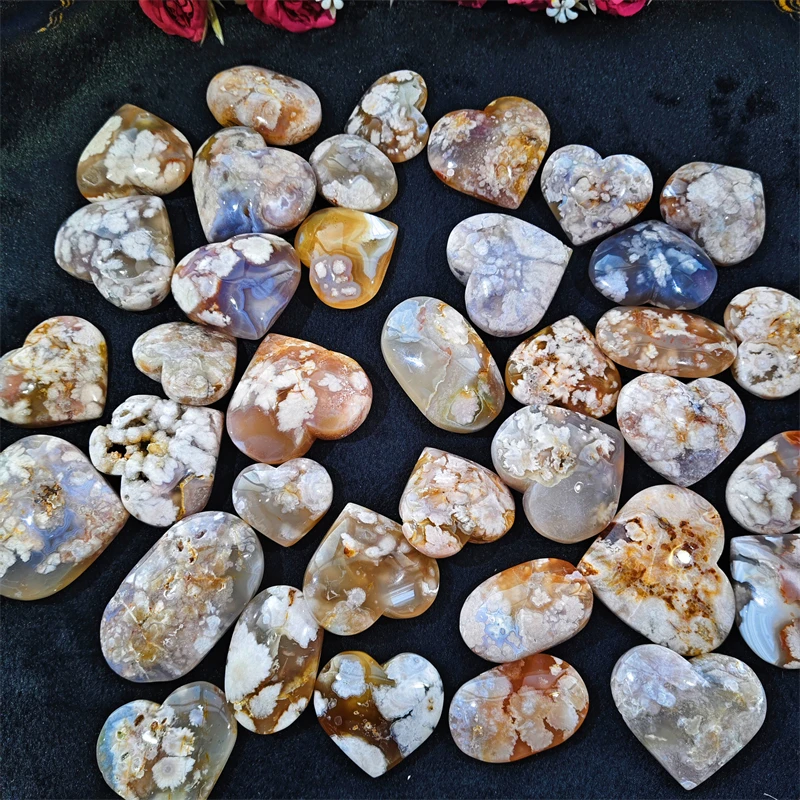 Wholesale Natural Pink Flower Agate Crystal Palm Healing Heart Stones for  Meditation