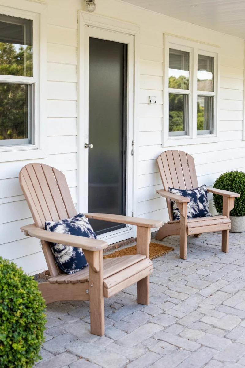Styled front porch with two Adirondack chairs and decor