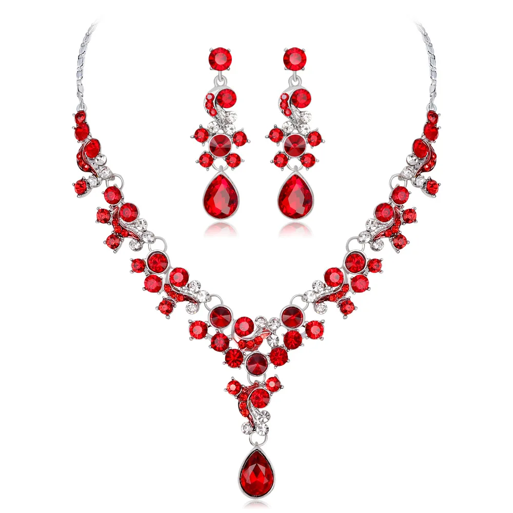 

European Fashional Luxury Red Crystal Two Pieces Necklace Set Africa Wedding Bridal Rhinestone Earrings Necklace Set, Picture shows