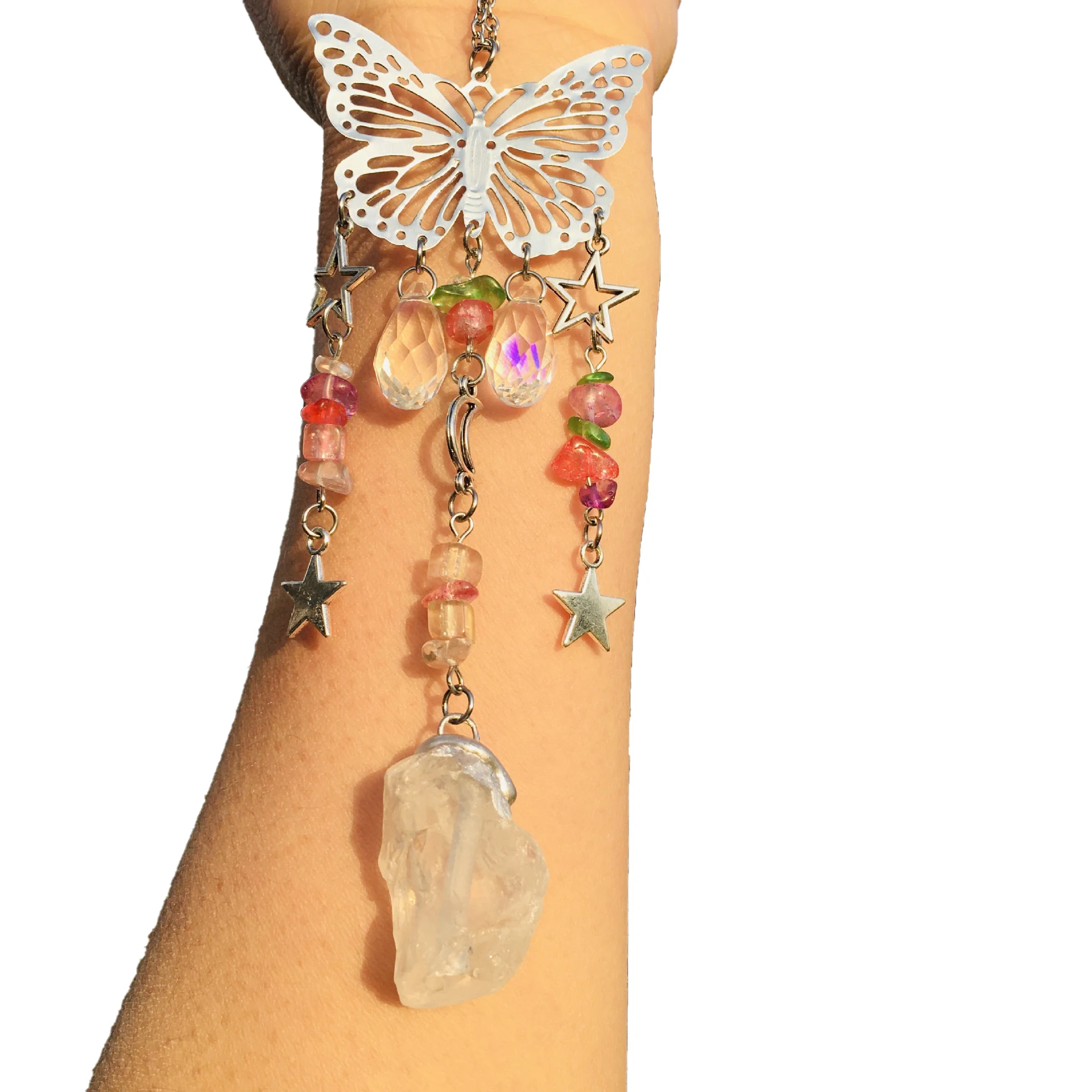 

Hot Healing Crystal Stone Suncatcher Jewelry Handmade Butterfly Mushroom Star Sun Moon Tassel Pendant Hanging Ornament