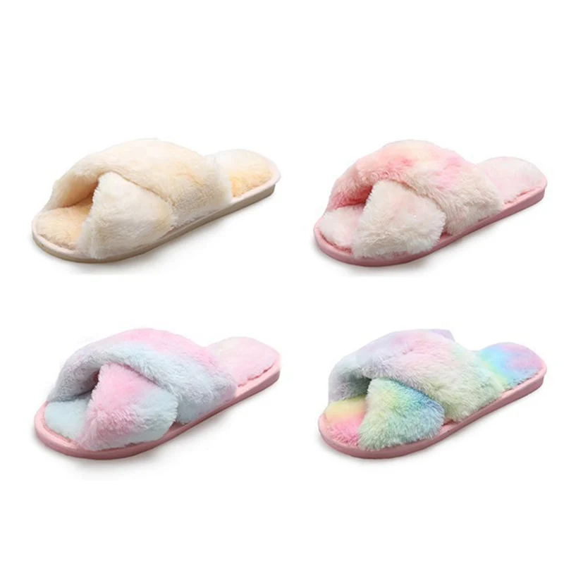 

2021 Multi-color Women Fluffy Slipper Winter Cross-tie Plush Slippers Flat Shoes Warm Faux Fur Slipper Home Ladies Shoes, Different colors and support to customized