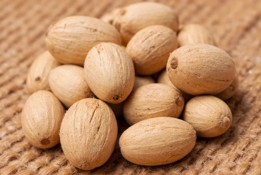 Selection of high-quality whole nutmeg seeds displayed next to common kitchen tools showing proper storage containers and grating methods