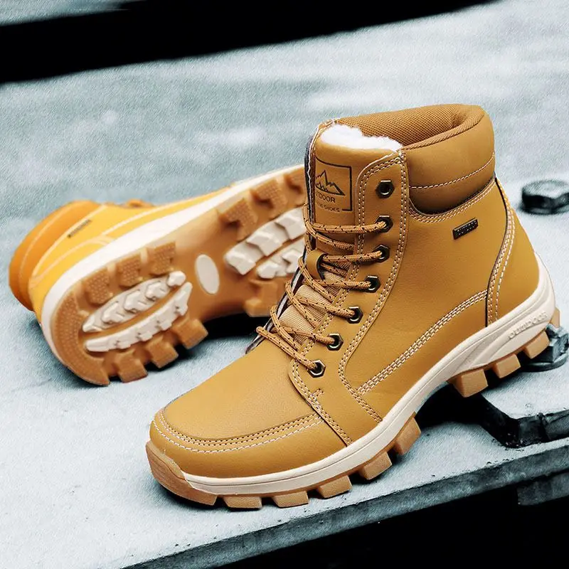

Mens Winter Anti-Slip Leather Warm Snow Boots Water Resistant Fur Lined Shoes Outdoor Mid Ankle Boots, Optional