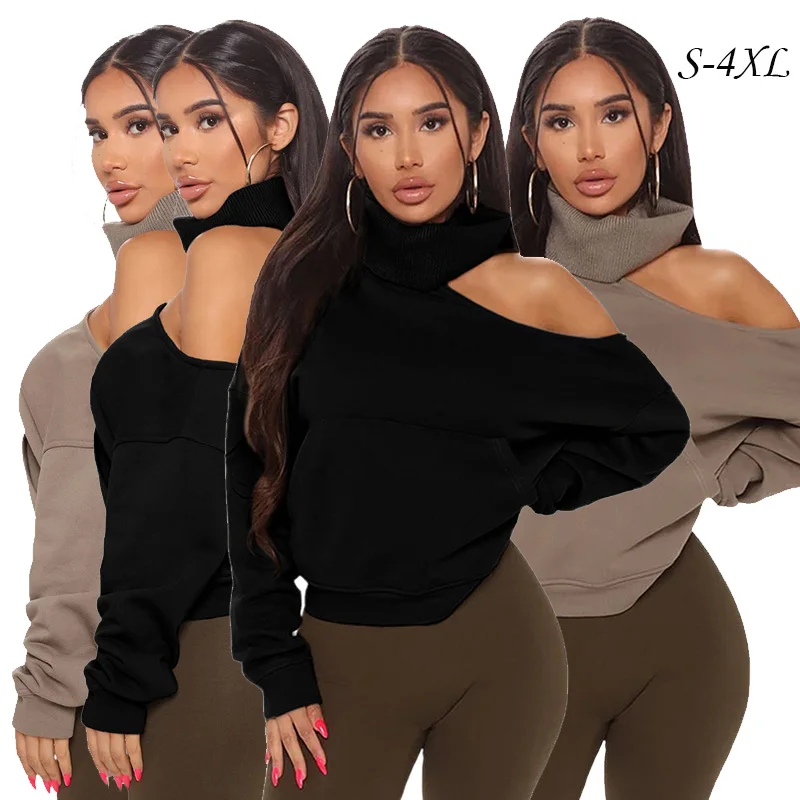 

2021 Custom Logo High Quality Solid Color Crop Cotton Women Hoodie Turtleneck Sweaters With Side Pocket, Black