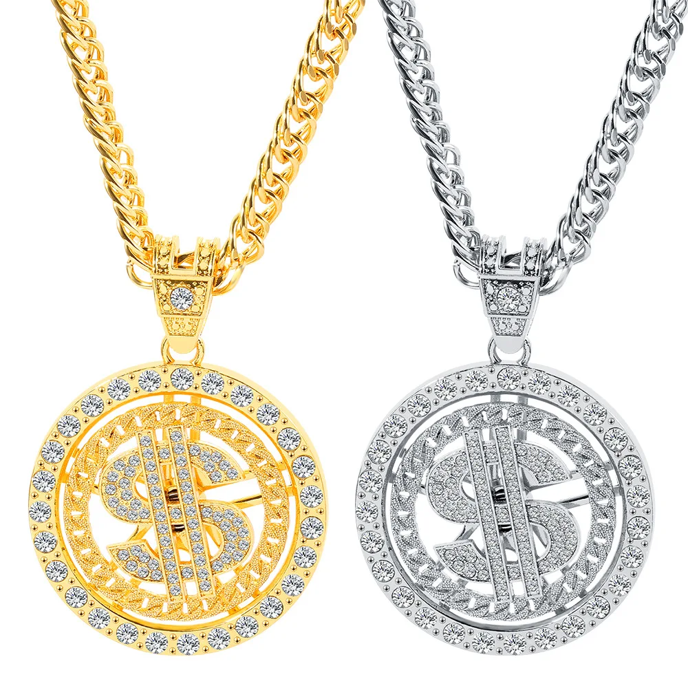 

Hot Selling Men's Hip Hop Rotatable Crystal Cuban Chain Necklace Rotating US Dollar Pendant Necklace