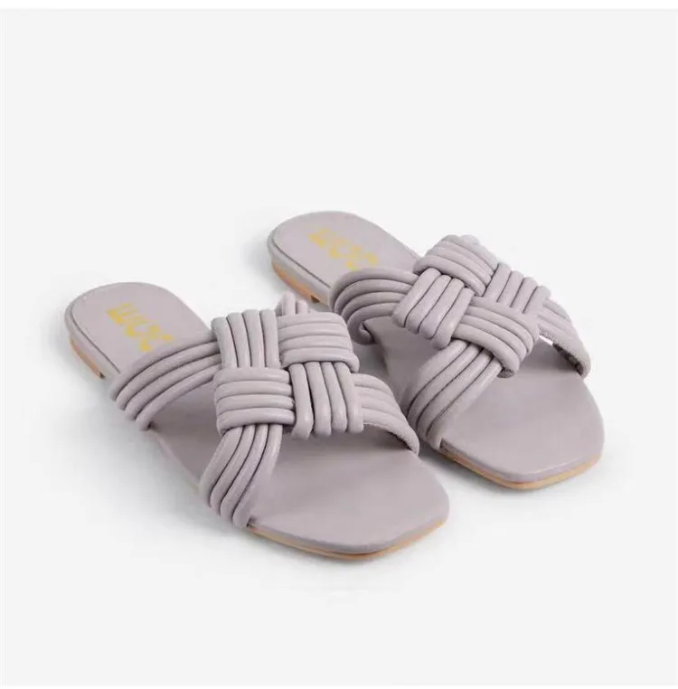 

New arrival female ladies women's anti slip pu leather summer woven one strap comfortable slippers sandals flat shoes for women