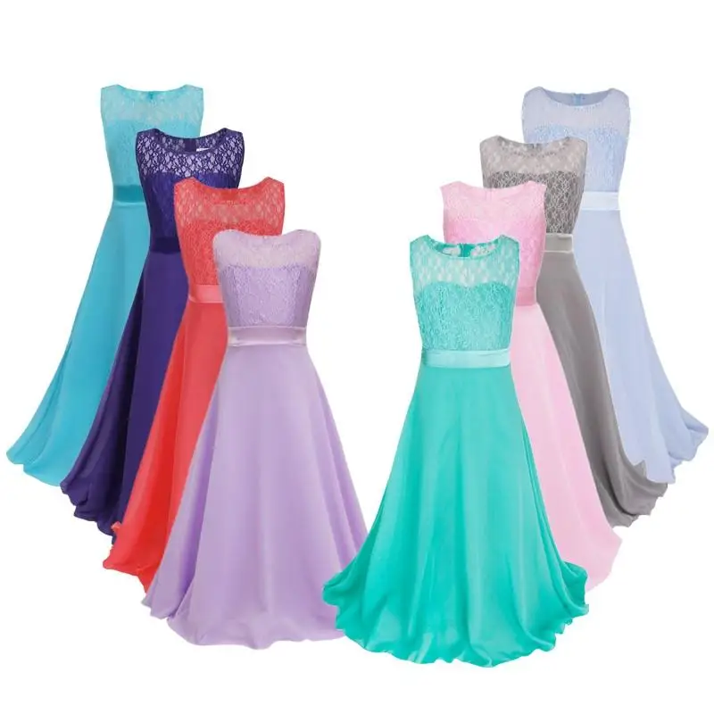 

Fashion Girls Flower Lace Chiffon Maxi Gown Sleeveless Wedding Bridesmaid Party Formal Dress