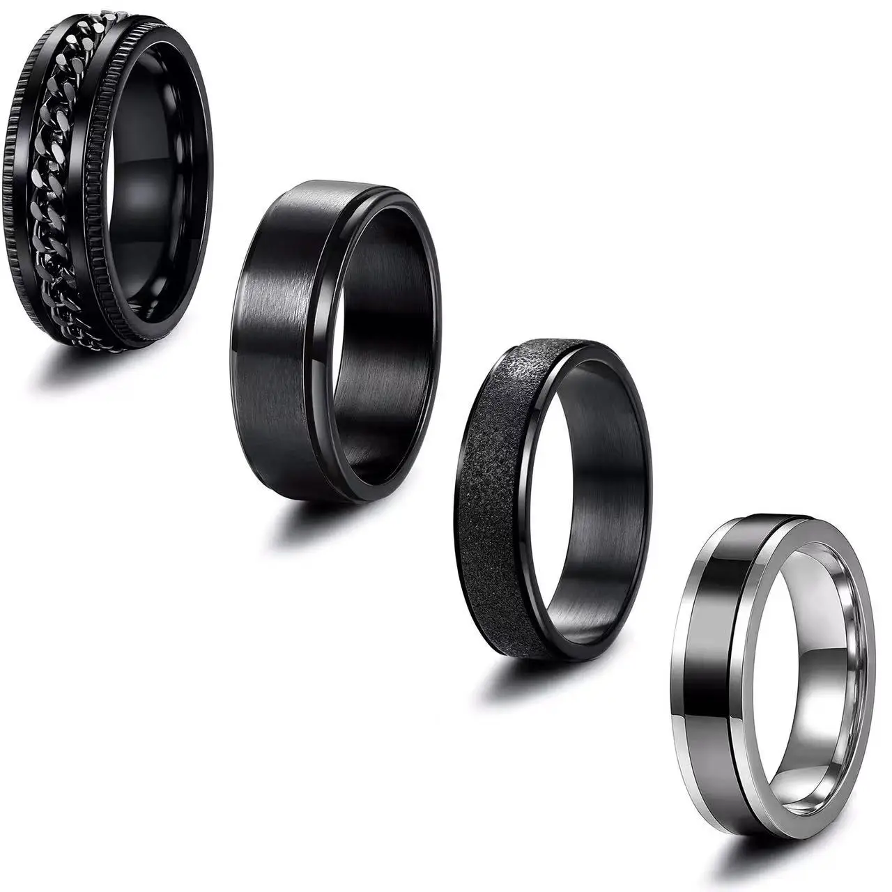 

Hot selling iced out rotatable mens spinner black anxiety rings stainless steel