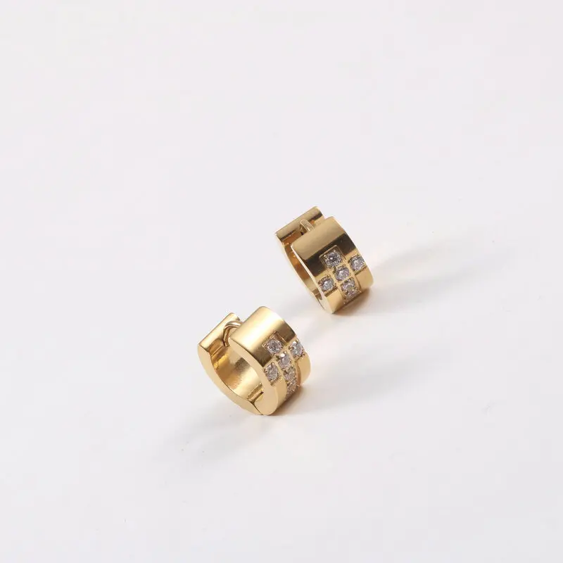 High End Waterproof Tarnish free  PVD 18K Gold Plated Cross Micro CZ Inlay Stainless Steel Hoop Earring