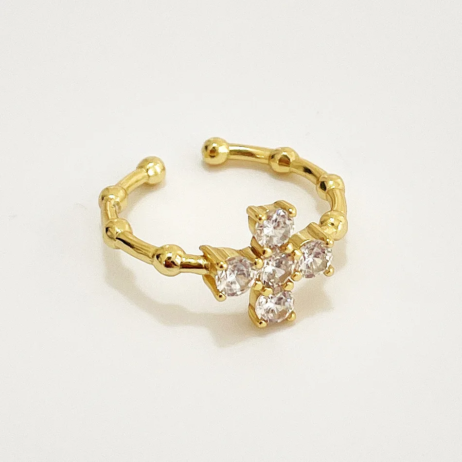 

Ins Popular Geometric Gold Plated Cross Ring With Zircon 925 Sterling Silver Thin Bead Cross Zircon Adjustable Ring For Women
