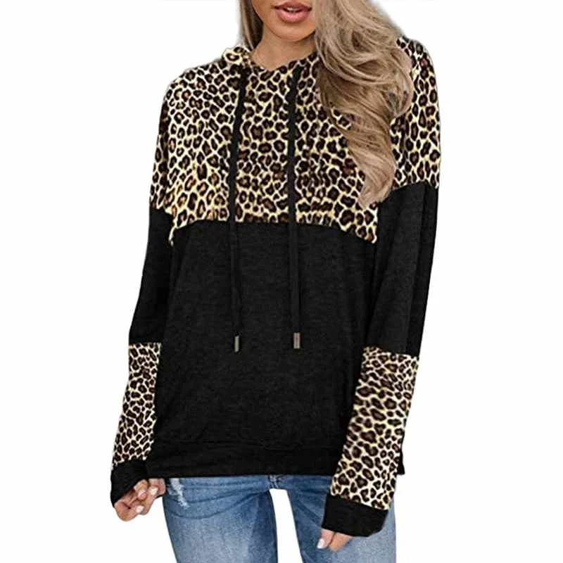

Custom Fashion Style Hot Sell Color Block Split Drawstring Printing Leopard Hoodie