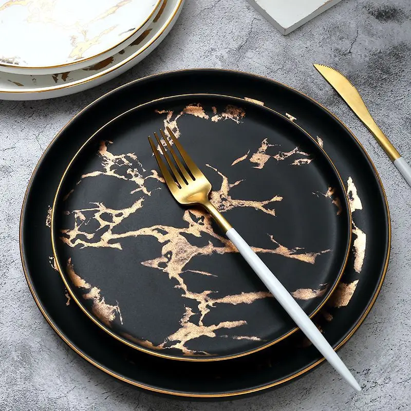 

wholesale custom New Nordic style ceramic golden marble pattern high-end Western food steak plate, Grey