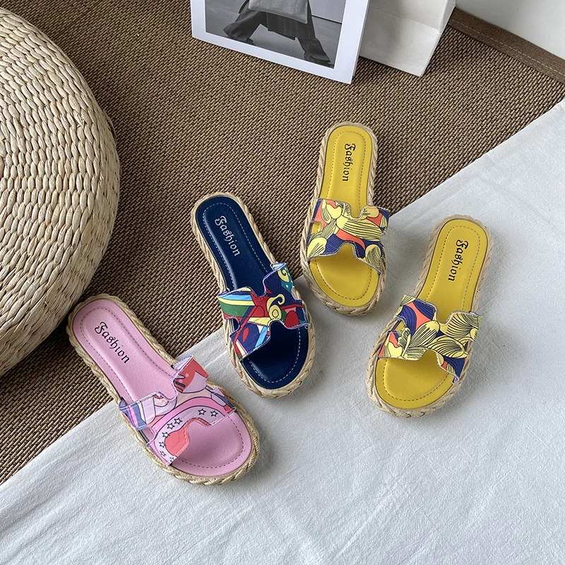 

Painted printing H belt sandals women slippers fashion beach slippers