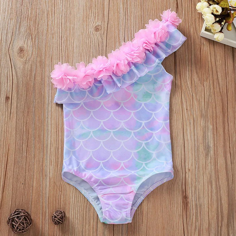 

Mermaid Summer Kid Girls Petal Off Shoulder One-Piece Swimsuits 1-5 Years Swimwear Girls Princess Fish Scale Bikini