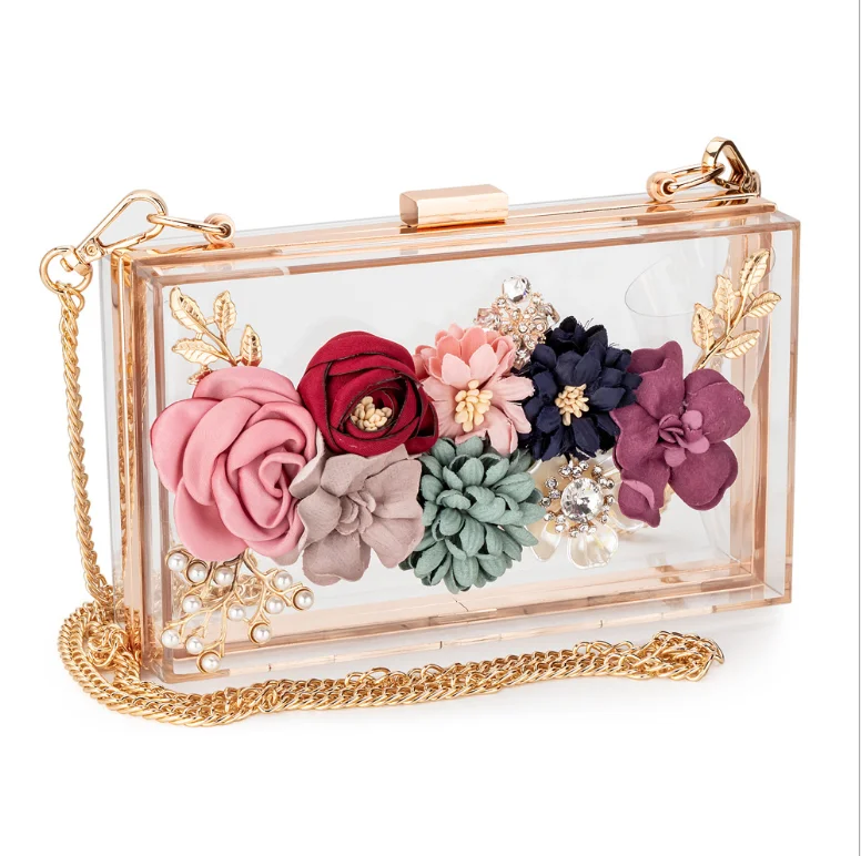 

Fashion Handmade Women Clear 3d Flower Handbag Floral Transparent Square Box Design Purse Ladies Clutch Evening Bag, Same as pics