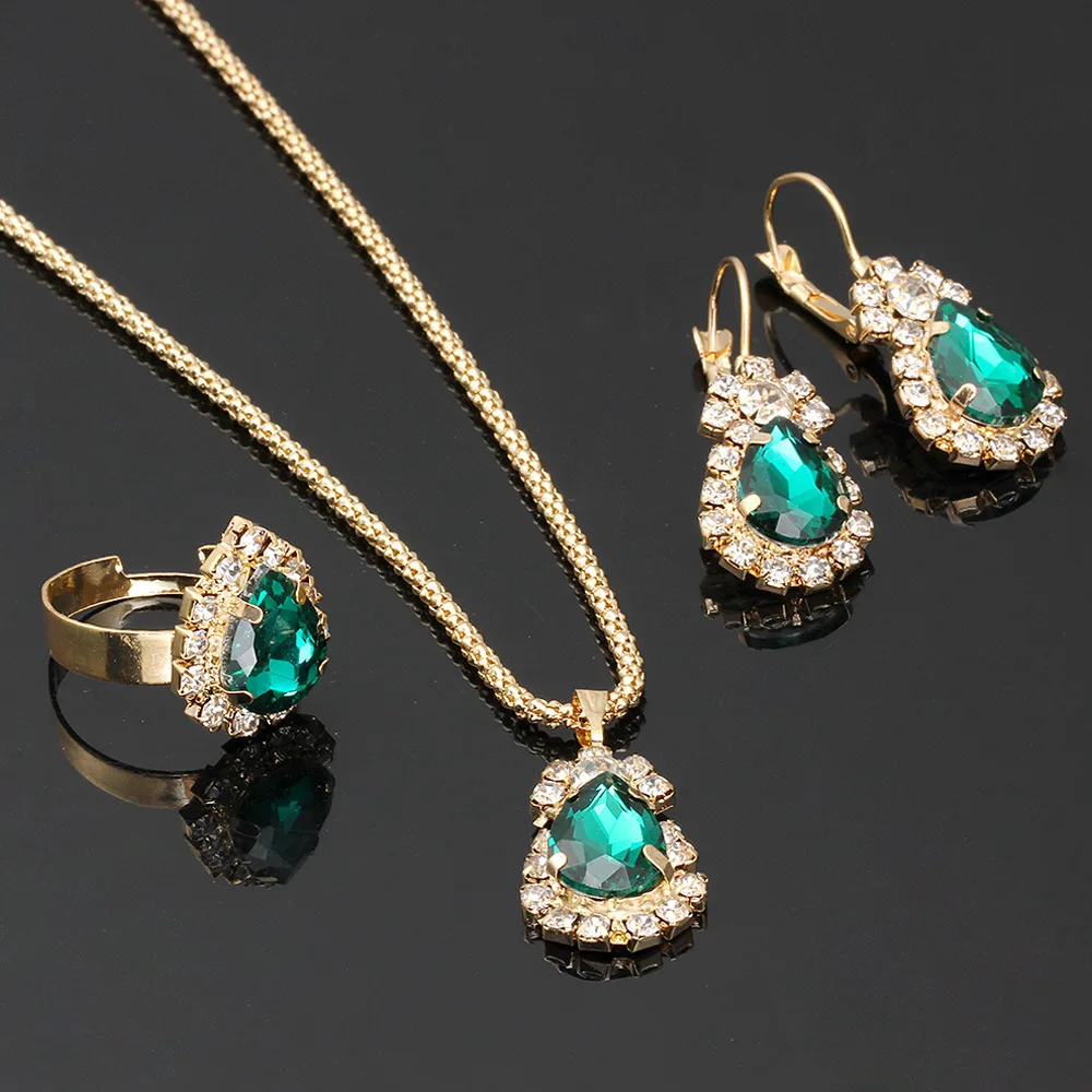 

Aug jewelry hot-selling diamond gold drop earrings necklace ring three-piece set European and American multicolor jewelry set