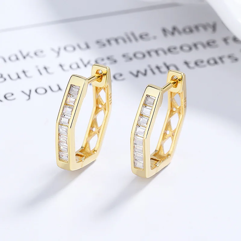 

American European fine jewelry 925 sterling silver earring geometric polygon row of zircon gold plated hoop earrings women